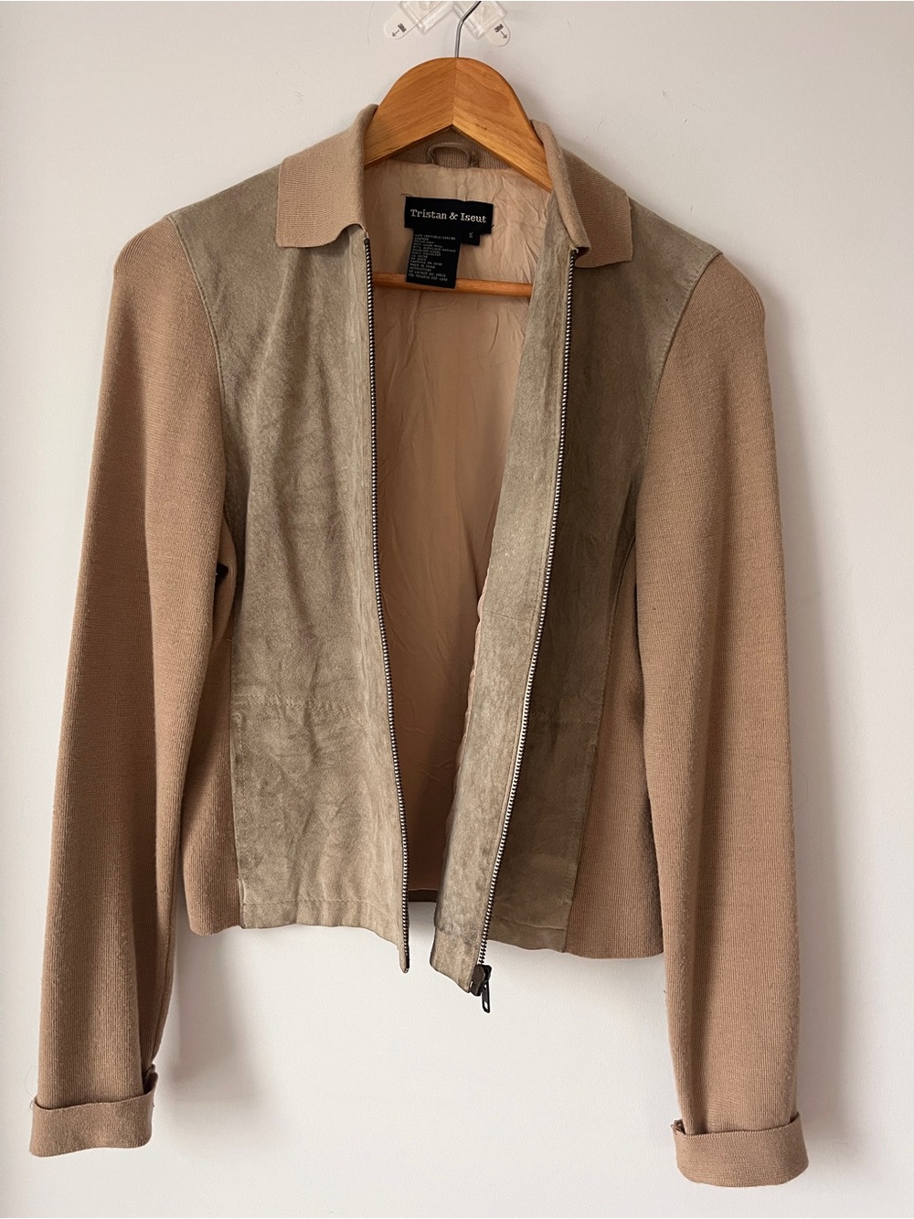 Tristan & Iseult Taupe Suede & Knit Zip-Front Jacket